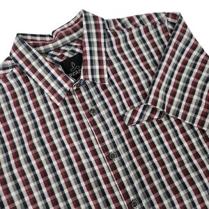 PRANA Breathe Red Navy Brown Plaid Short Sleeve Button Up Organic Cotton size l